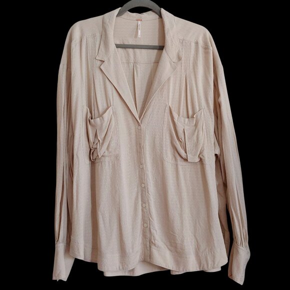 Free People Erin's Oversize Button Shirt Boho Romantic Oatmeal L Silky - Picture 1 of 13